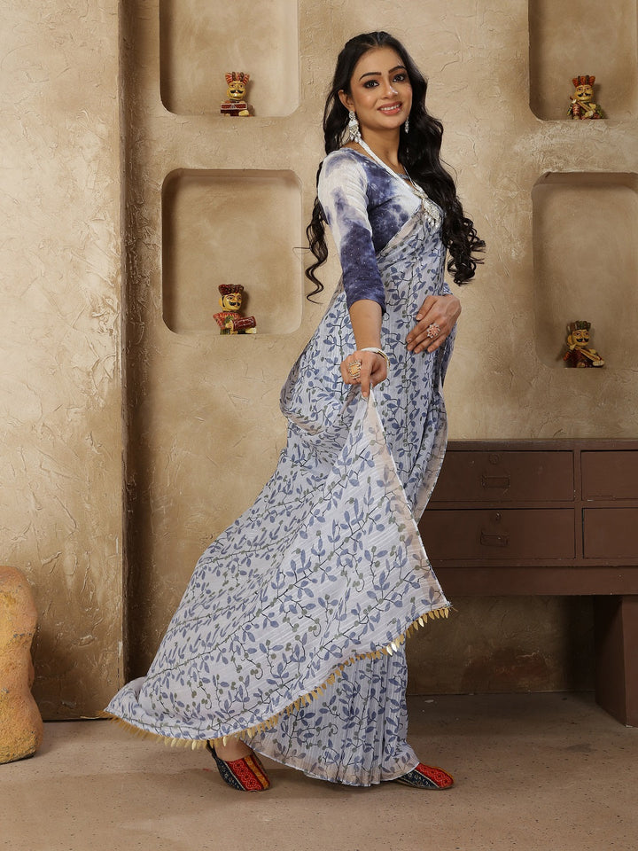 Pastel Navy Printed Zari Border Linen Saree With Fancy Blouse