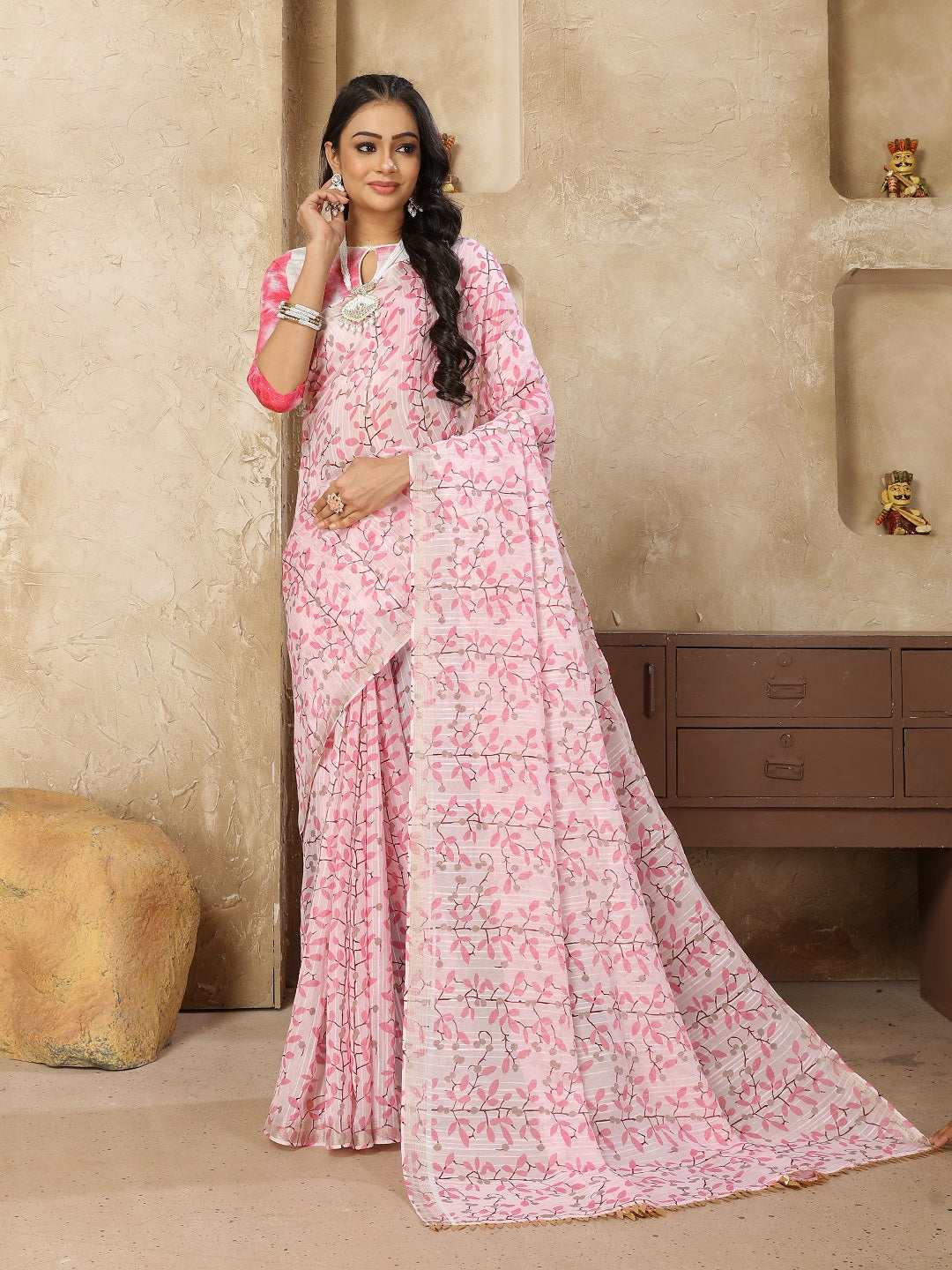 Pastel Pink Printed Zari Border Linen Saree With Fancy Blouse