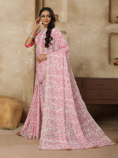 Pastel Pink Printed Zari Border Linen Saree With Fancy Blouse (Pre-Order)