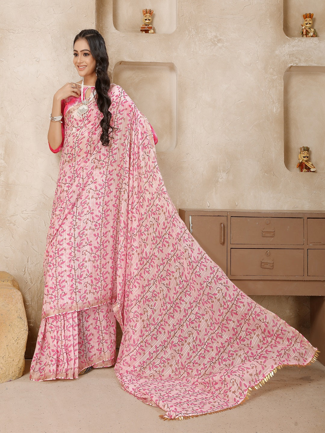 Pastel Pink Printed Zari Border Linen Saree With Fancy Blouse