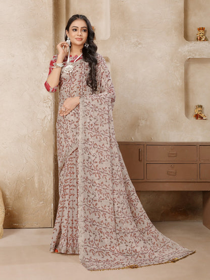 Pastel Lavender Printed Zari Border Linen Saree With Fancy Blouse