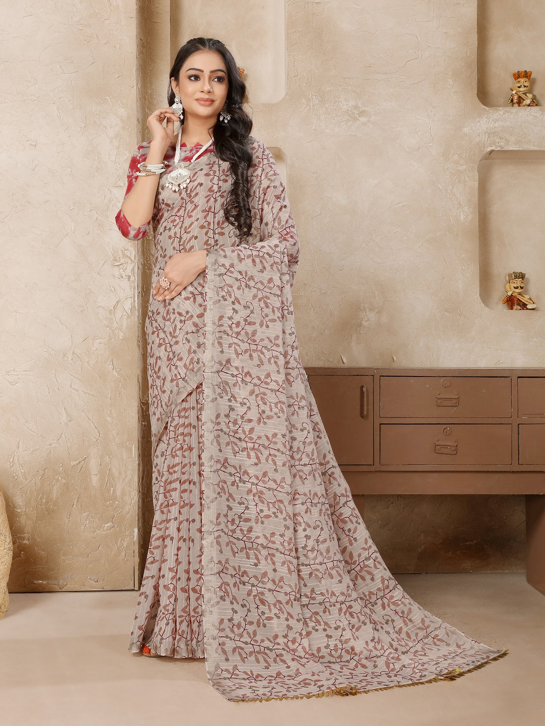 Pastel Lavender Printed Zari Border Linen Saree With Fancy Blouse (Pre-Order)