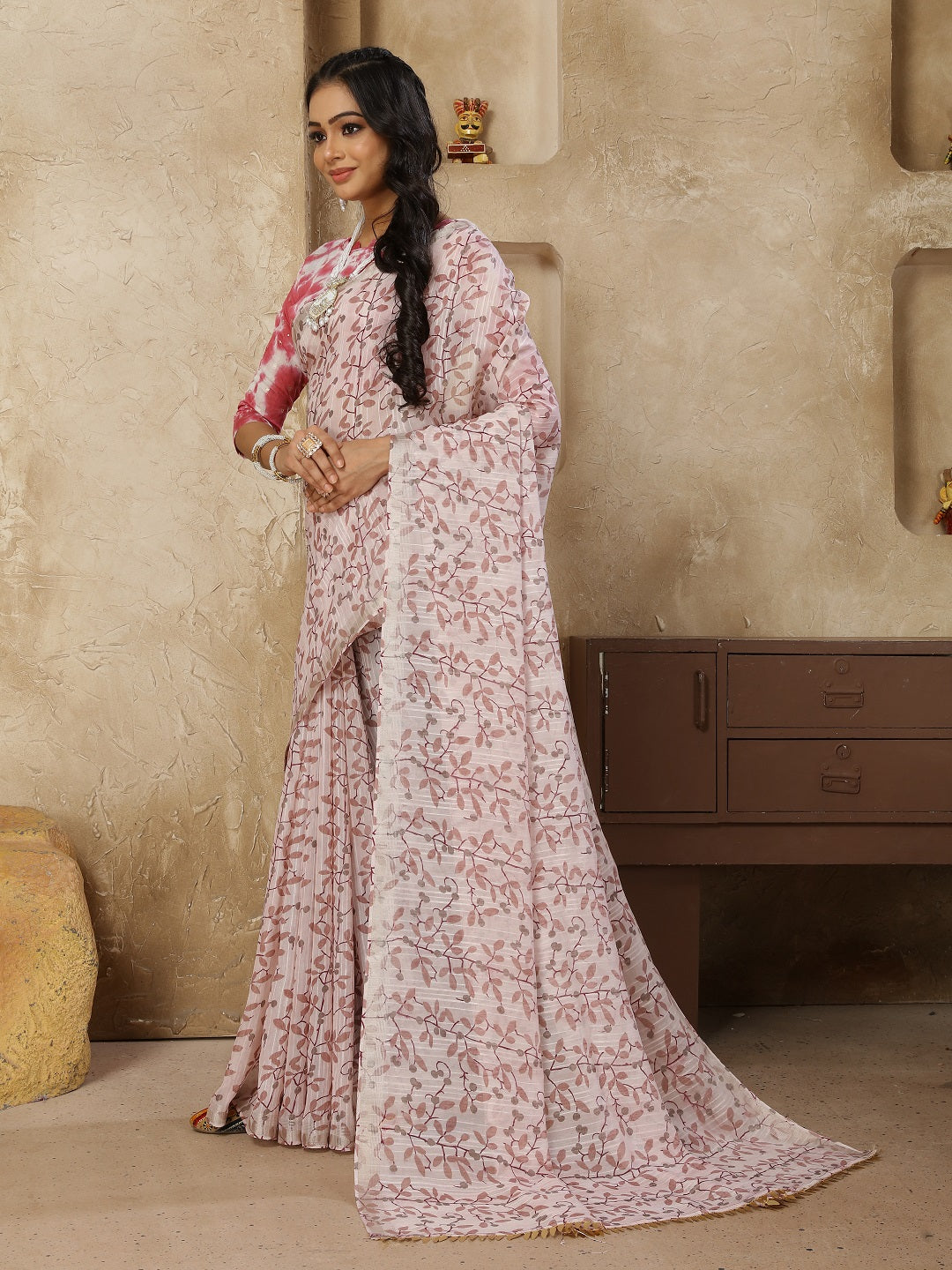 Pastel Lavender Printed Zari Border Linen Saree With Fancy Blouse