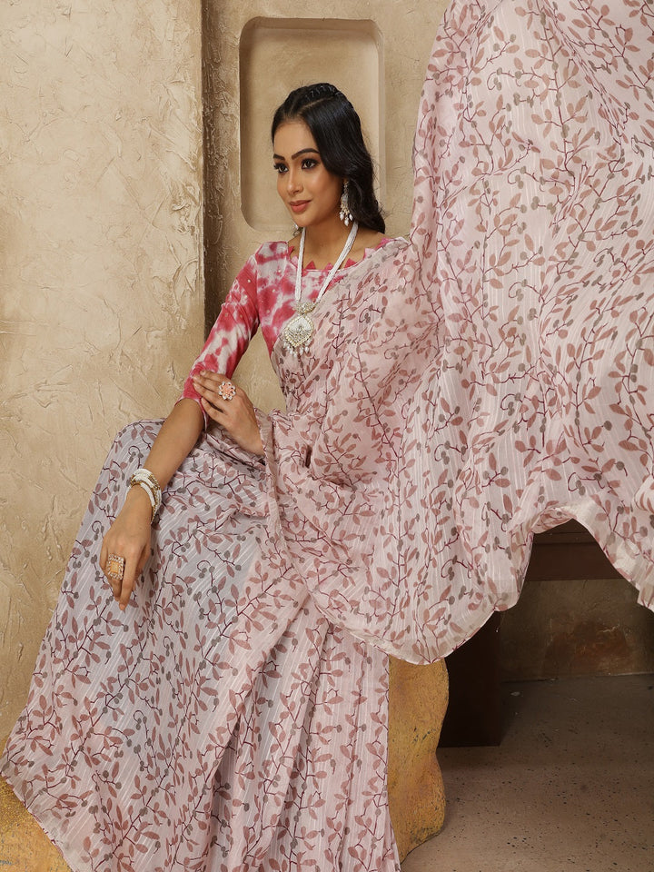 Pastel Lavender Printed Zari Border Linen Saree With Fancy Blouse