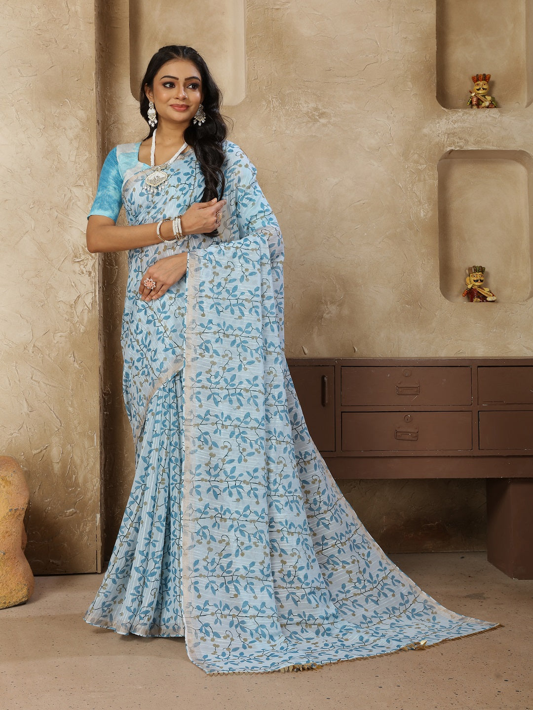 Pastel Turq Printed Zari Border Linen Saree With Fancy Blouse (Pre-Order)