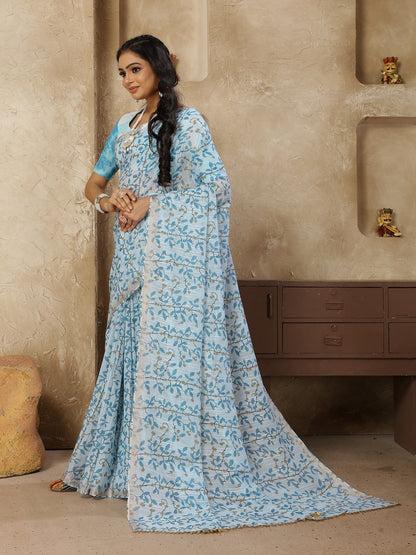 Pastel Turq Printed Zari Border Linen Saree With Fancy Blouse (Pre-Order)