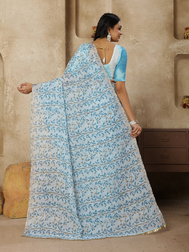 Pastel Turq Printed Zari Border Linen Saree With Fancy Blouse