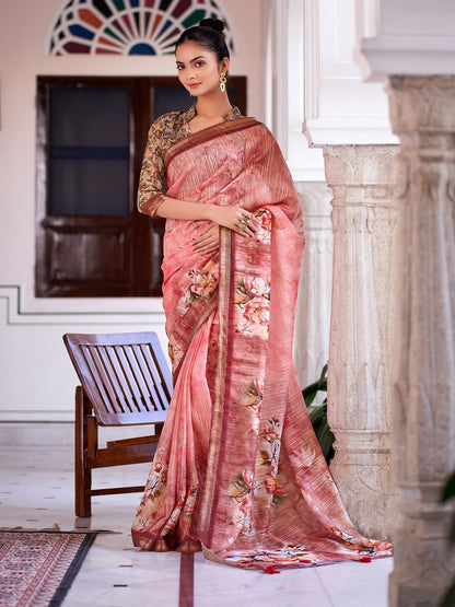 Peach Digital Print Zari Border Linen Saree (Pre-Order)