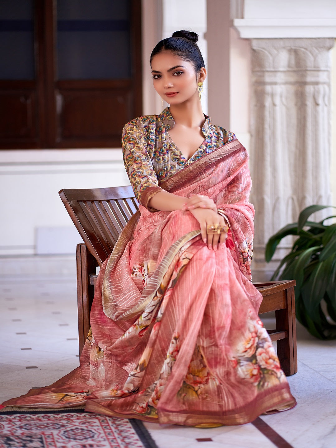 Peach Digital Print Zari Border Linen Saree (Pre-Order)