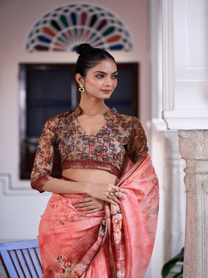 Peach Digital Print Zari Border Linen Saree (Pre-Order)