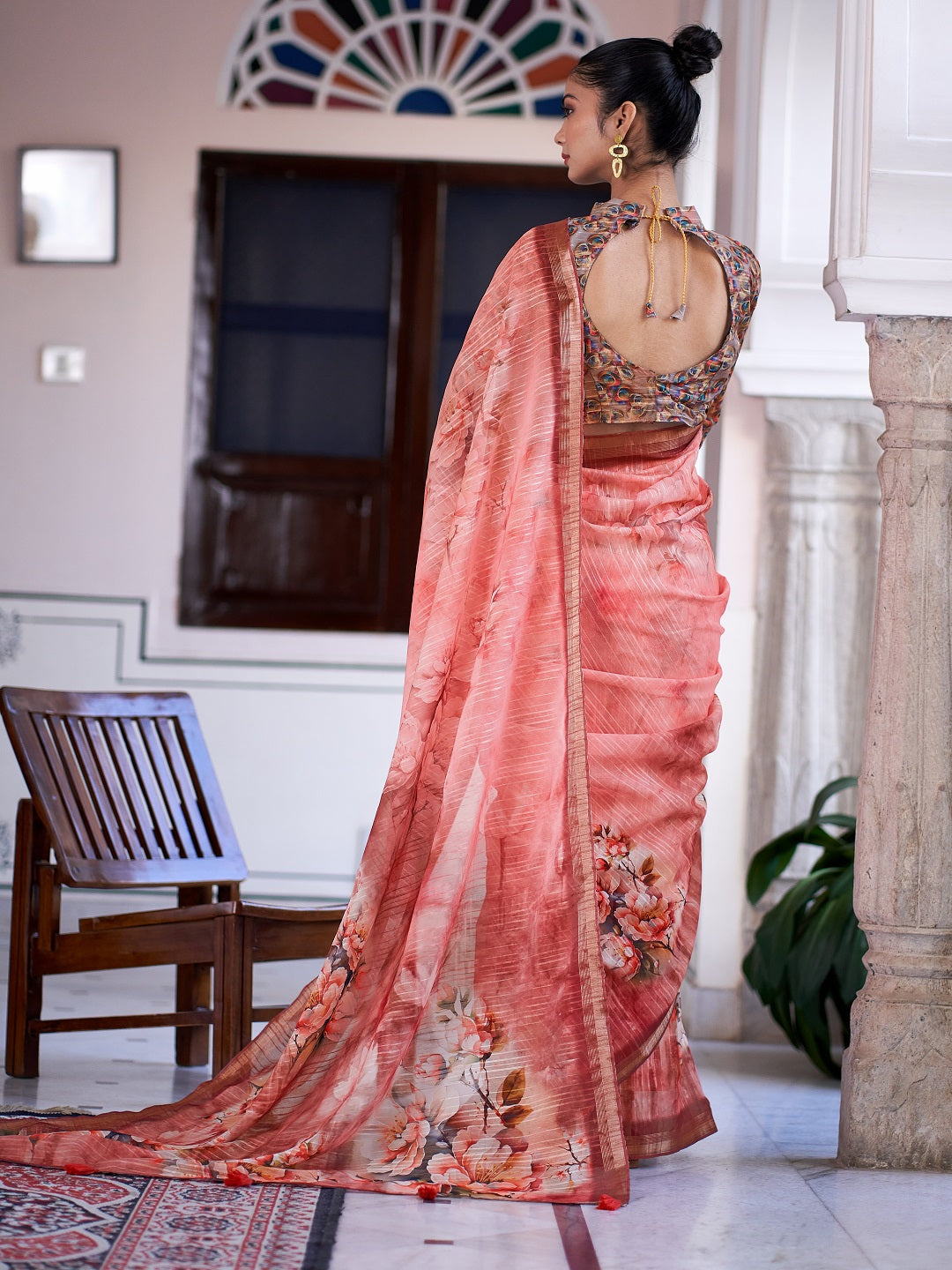 Peach Digital Print Zari Border Linen Saree (Pre-Order)