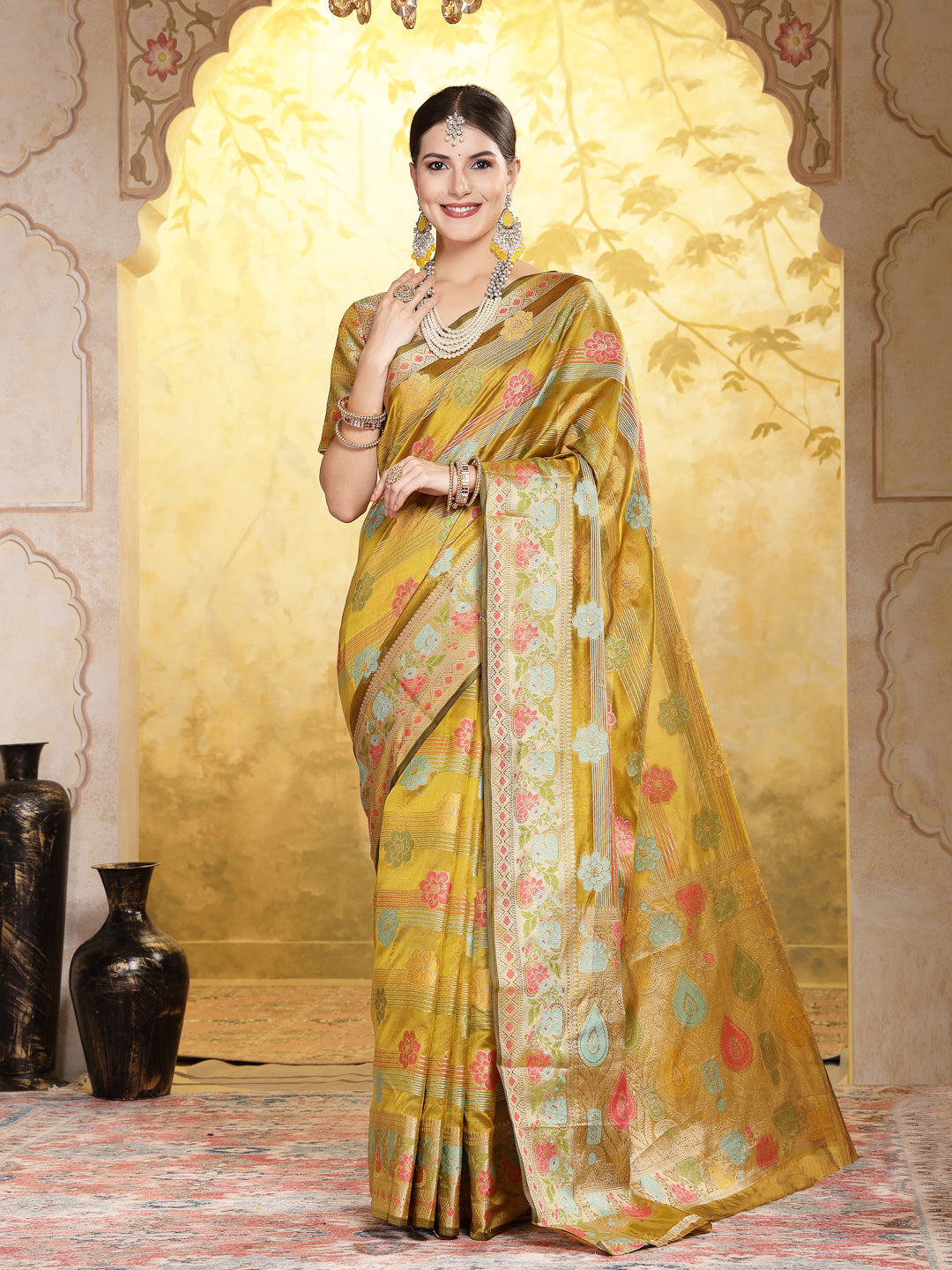 Mustard Ethnic Motifs Zari Border Organza Saree (Pre-Order)