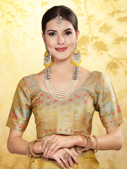 Mustard Ethnic Motifs Zari Border Organza Saree (Pre-Order)