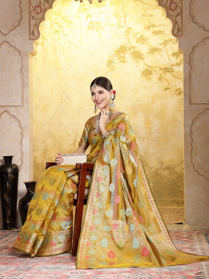 Mustard Ethnic Motifs Zari Border Organza Saree (Pre-Order)