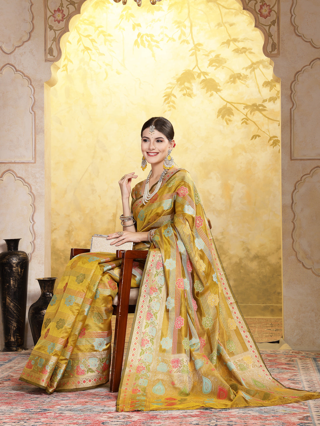 Mustard Ethnic Motifs Zari Border Organza Saree (Pre-Order)