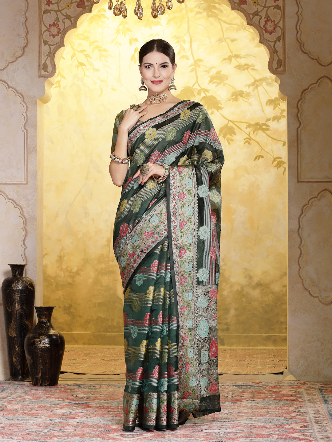 Bottle Green Ethnic Motifs Zari Border Organza Saree (Pre-Order)