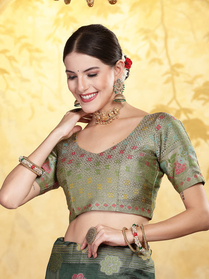 Bottle Green Ethnic Motifs Zari Border Organza Saree (Pre-Order)