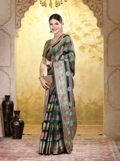 Bottle Green Ethnic Motifs Zari Border Organza Saree (Pre-Order)