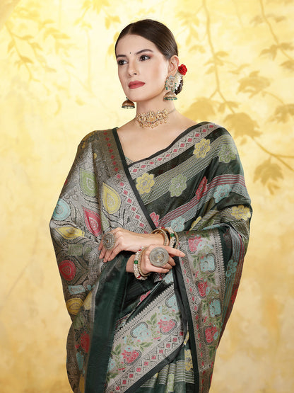 Bottle Green Ethnic Motifs Zari Border Organza Saree (Pre-Order)