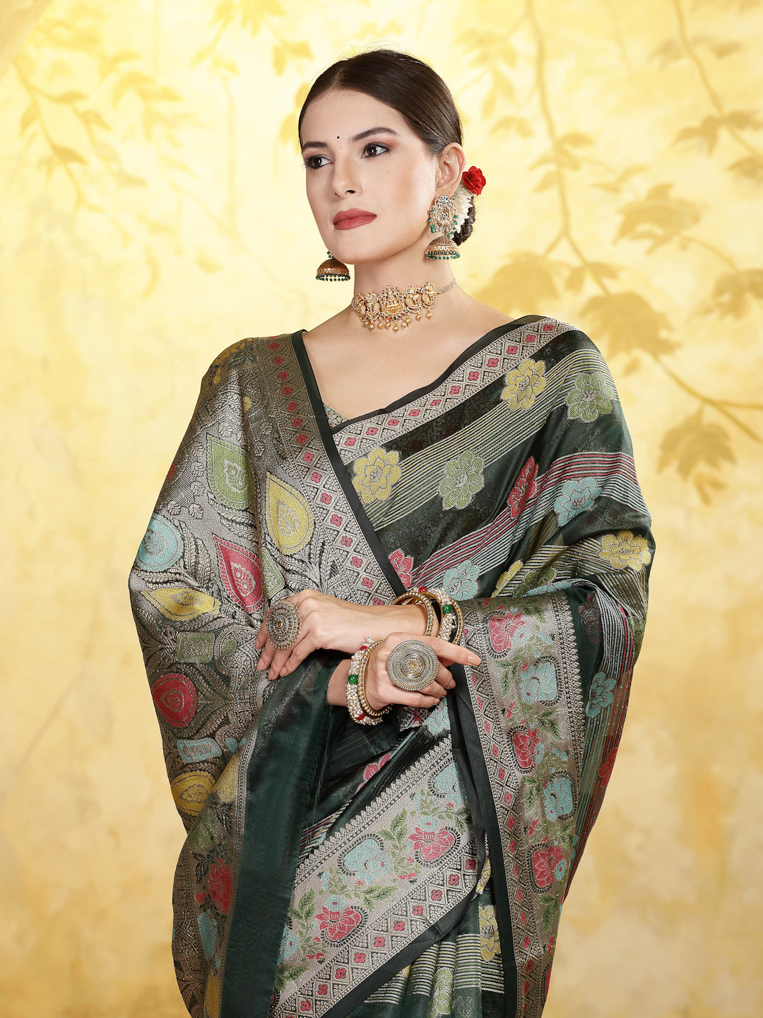 Bottle Green Ethnic Motifs Zari Border Organza Saree