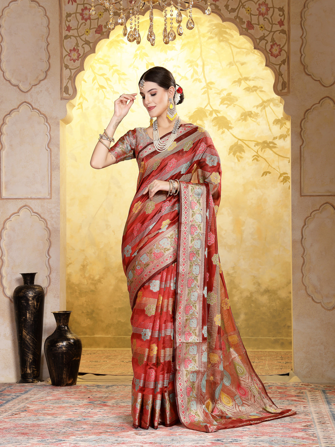 Maroon Ethnic Motifs Zari Border Organza Saree (Pre-Order)