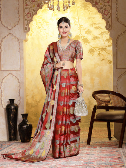 Maroon Ethnic Motifs Zari Border Organza Saree (Pre-Order)