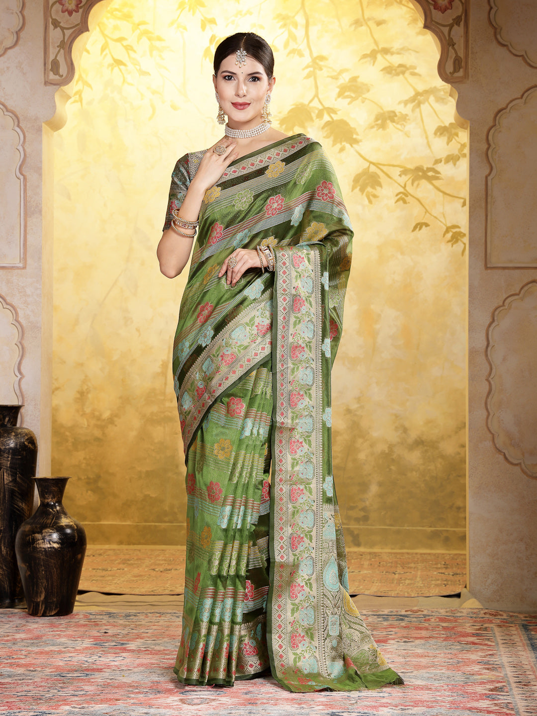 Mehndi Green Ethnic Motifs Zari Border Organza Saree (Pre-Order)