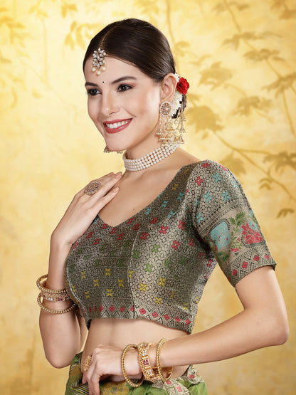 Mehndi Green Ethnic Motifs Zari Border Organza Saree (Pre-Order)