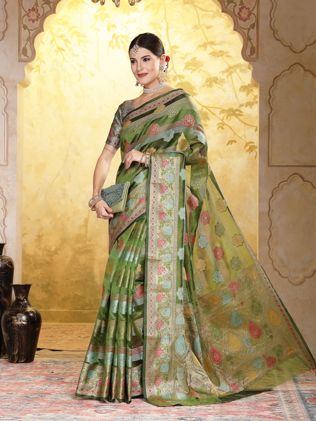 Mehndi Green Ethnic Motifs Zari Border Organza Saree (Pre-Order)