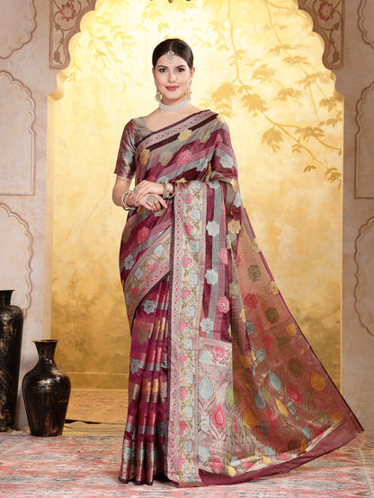 Wine Ethnic Motifs Zari Border Organza Saree (Pre-Order)