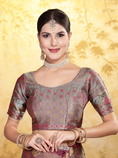 Wine Ethnic Motifs Zari Border Organza Saree (Pre-Order)