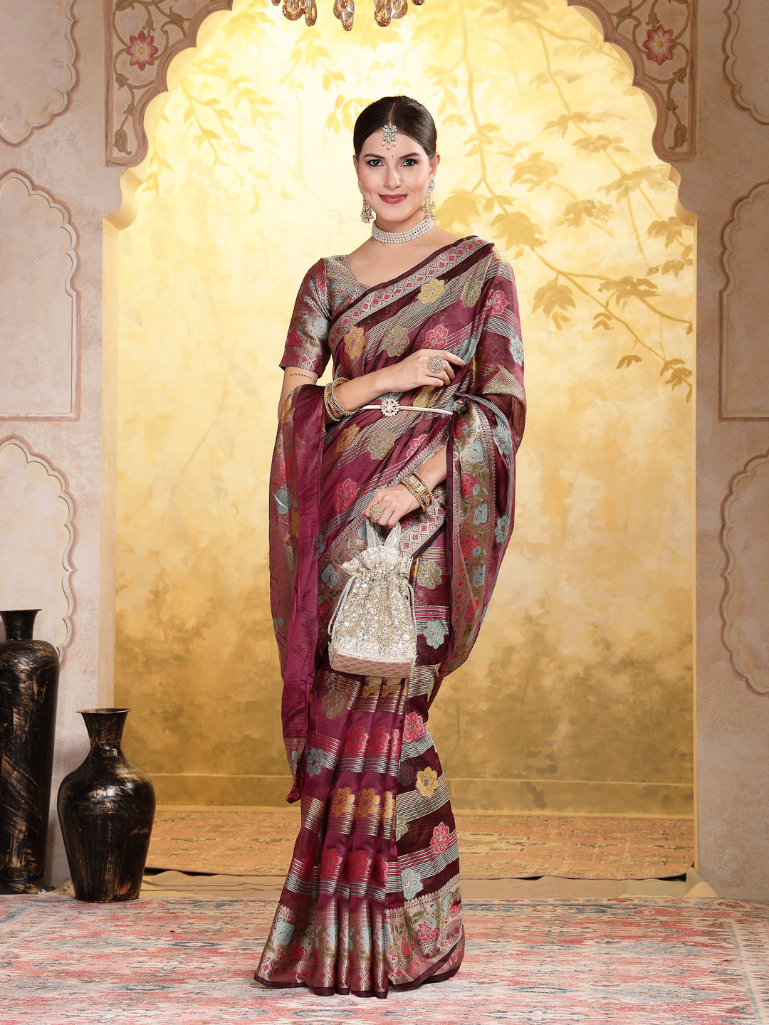 Wine Ethnic Motifs Zari Border Organza Saree (Pre-Order)