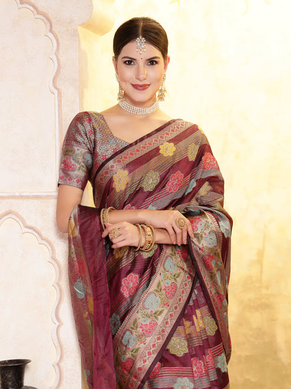 Wine Ethnic Motifs Zari Border Organza Saree (Pre-Order)