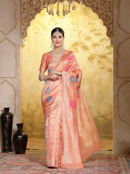 Peach Paisley Woven Zari Border Silk Saree