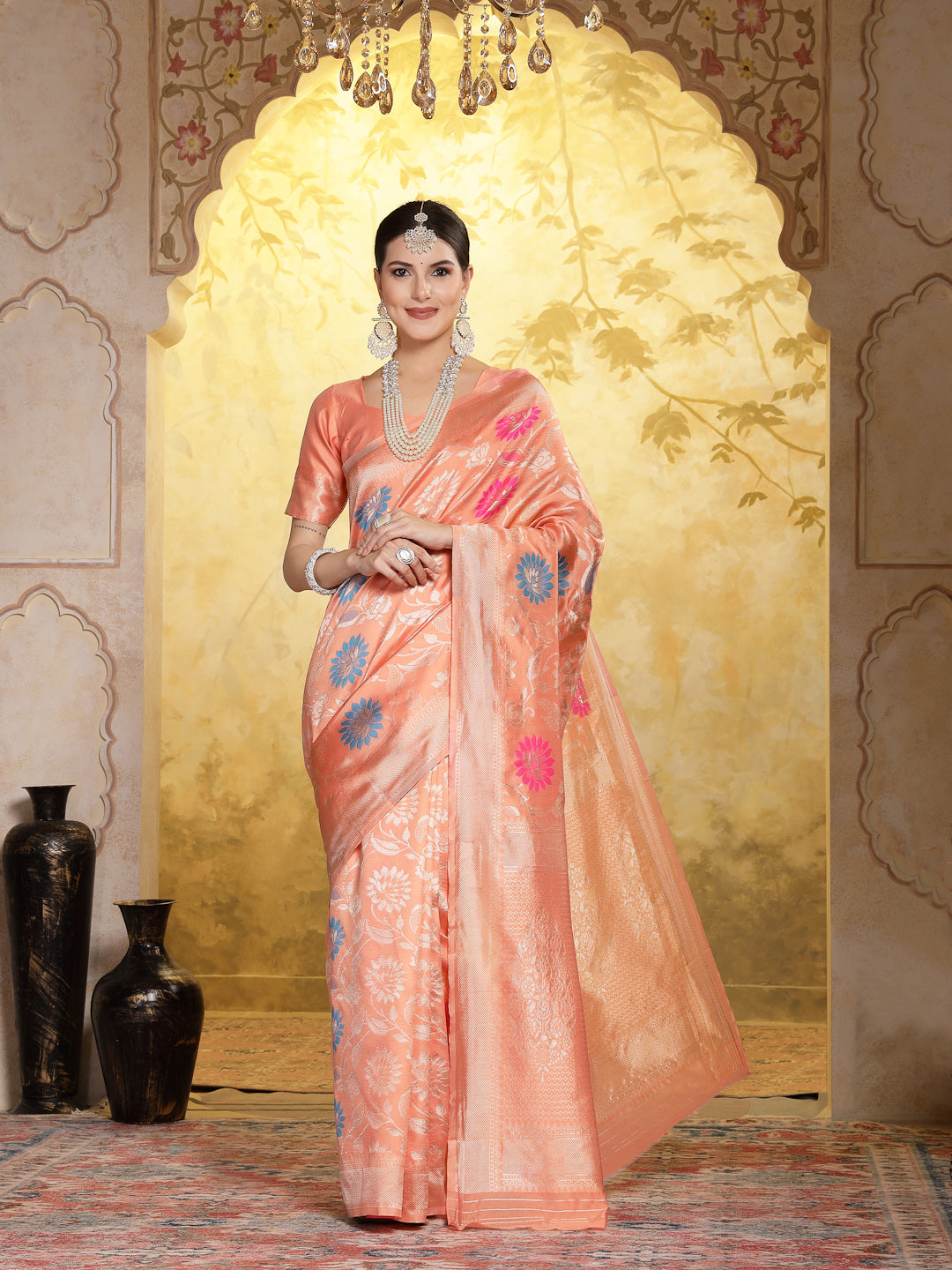 Peach Paisley Woven Zari Border Silk Saree (Pre-Order)