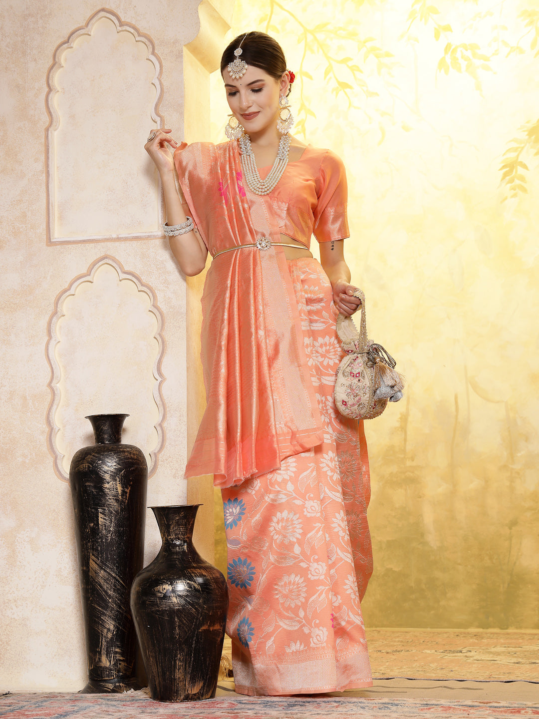 Peach Paisley Woven Zari Border Silk Saree