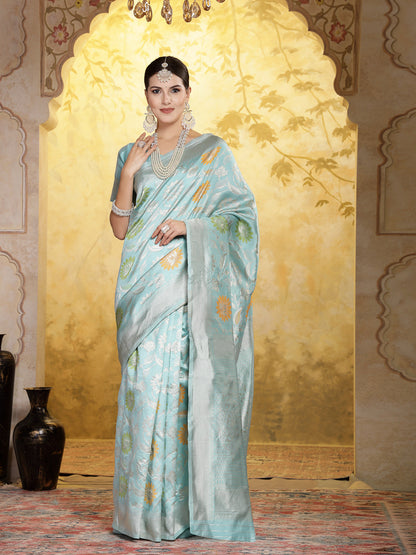 Turquoise Paisley Woven Zari Border Silk Saree (Pre-Order)