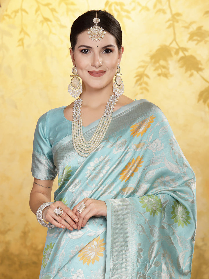 Turquoise Paisley Woven Zari Border Silk Saree