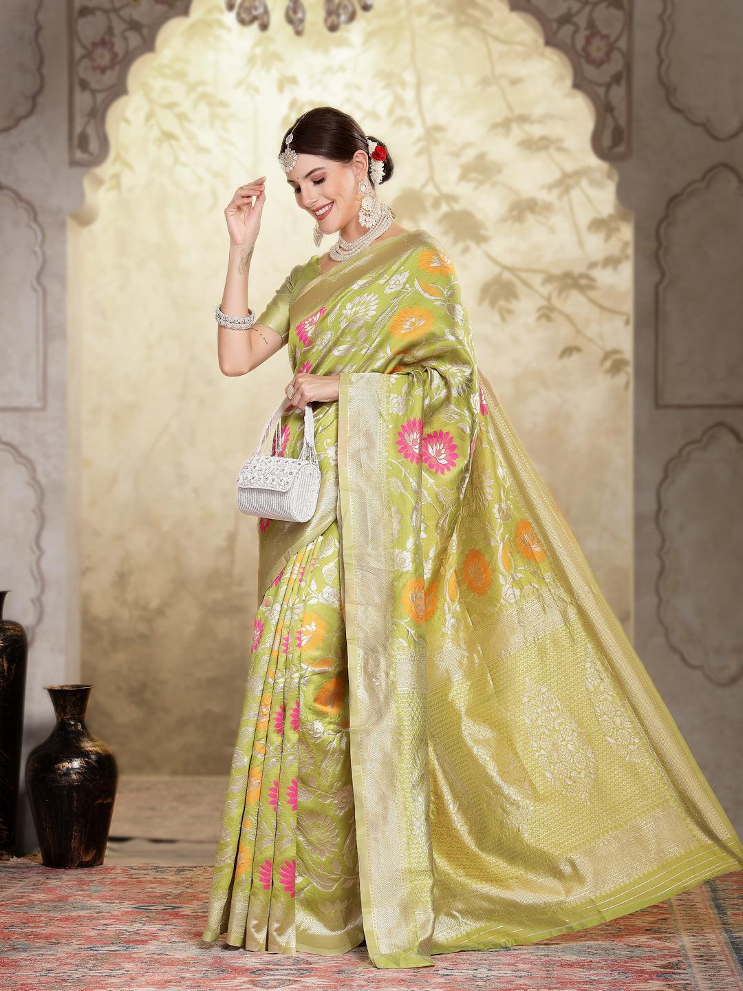 Mehndi Green Paisley Woven Zari Border Silk Saree (Pre-Order)