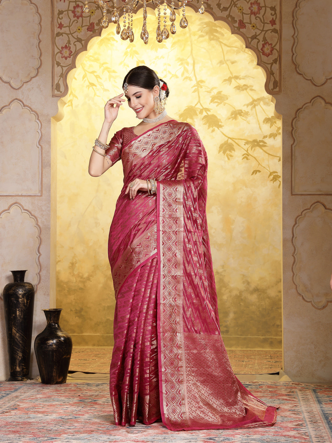 Wine Geometric Print Woven Zari Border Organza Saree (Pre-Order)