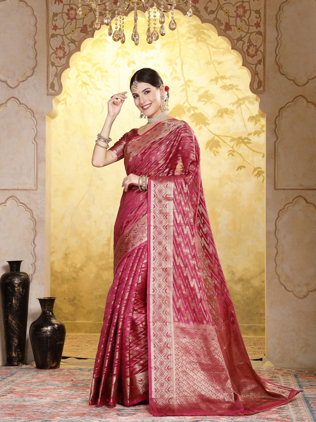 Wine Geometric Print Woven Zari Border Organza Saree (Pre-Order)