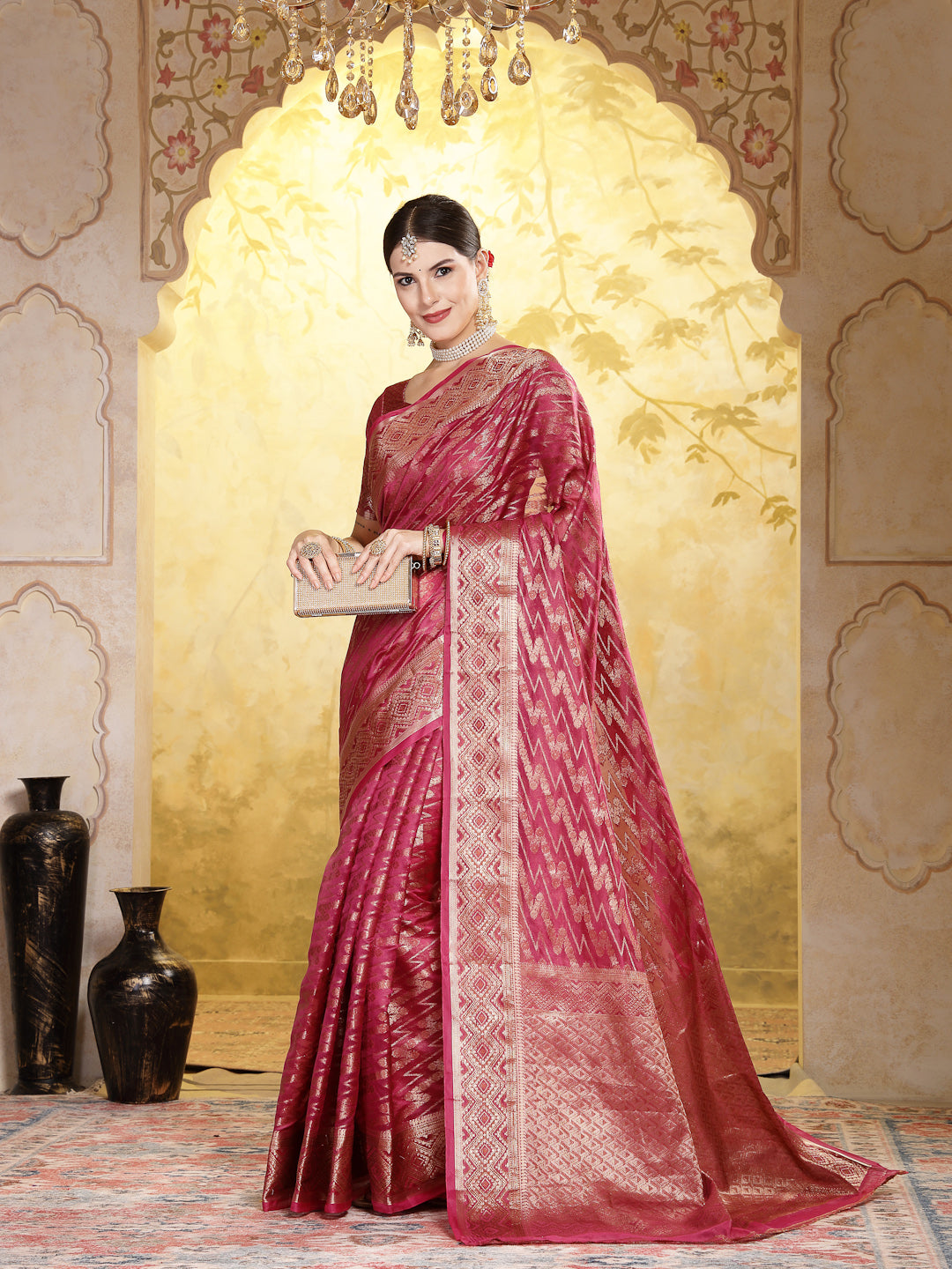 Wine Geometric Print Woven Zari Border Organza Saree (Pre-Order)