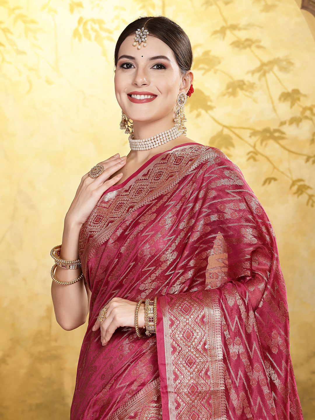 Wine Geometric Print Woven Zari Border Organza Saree (Pre-Order)