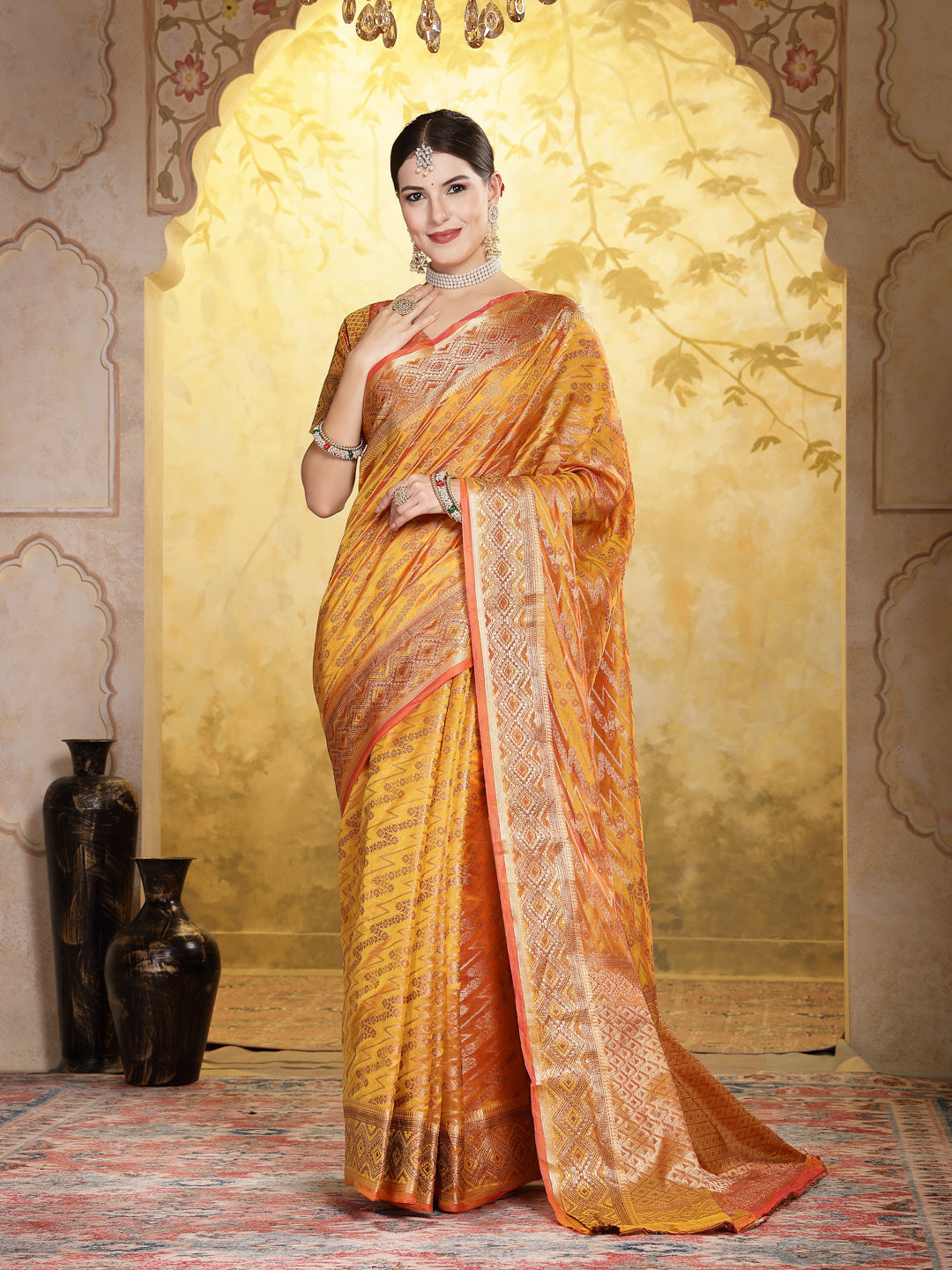 Mustard Geometric Print Woven Zari Border Organza Saree (Pre-Order)