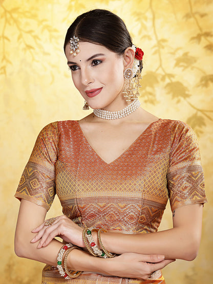 Mustard Geometric Print Woven Zari Border Organza Saree (Pre-Order)