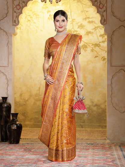 Mustard Geometric Print Woven Zari Border Organza Saree (Pre-Order)