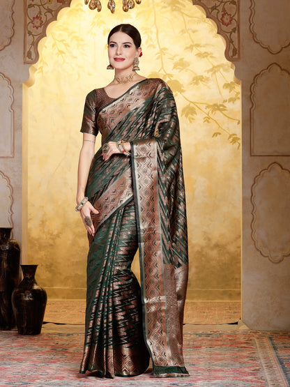 Mehndi Green Geometric Print Woven Zari Border Organza Saree (Pre-Order)