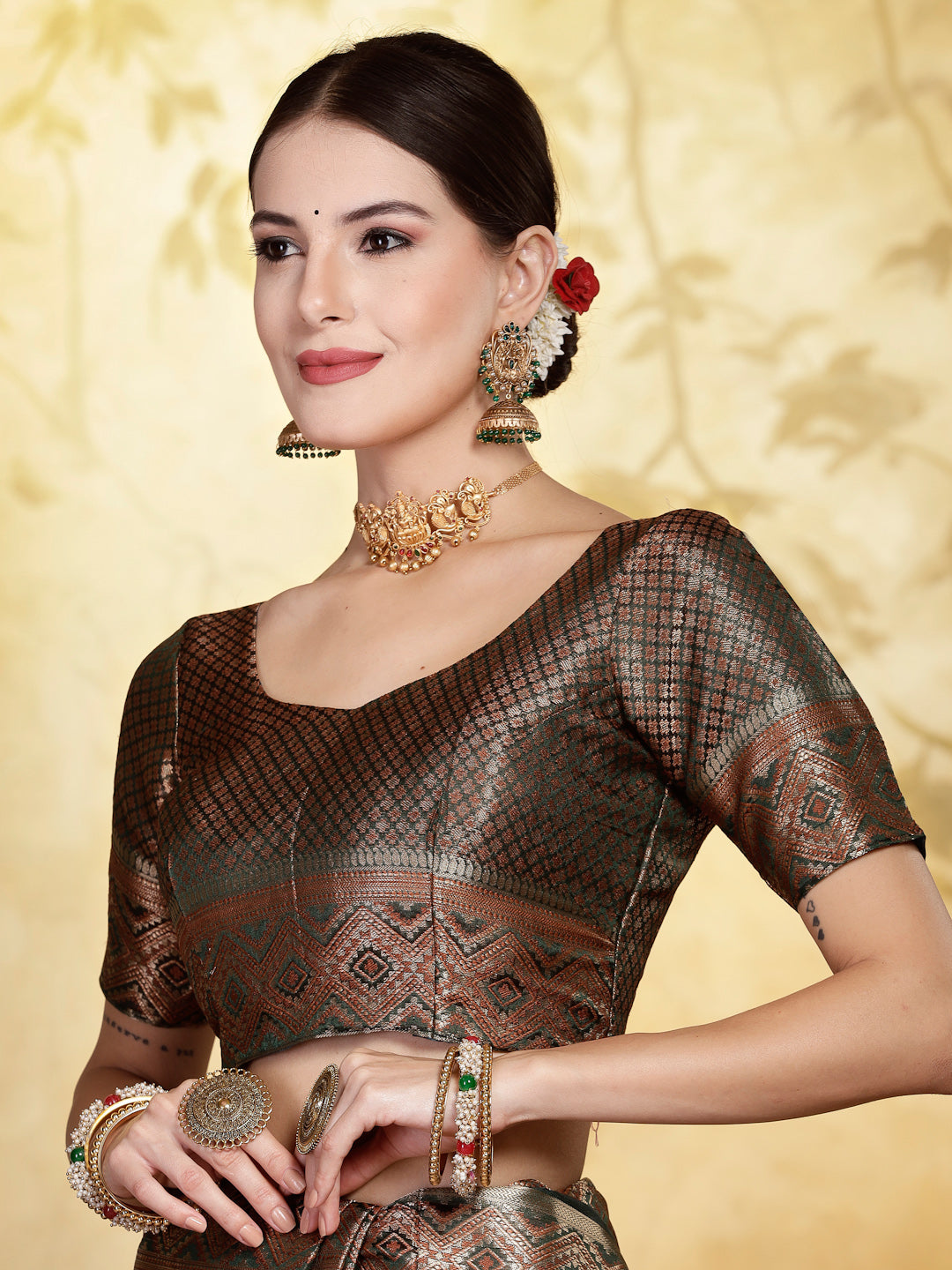 Mehndi Green Geometric Print Woven Zari Border Organza Saree (Pre-Order)