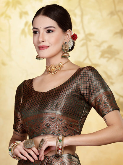 Mehndi Green Geometric Print Woven Zari Border Organza Saree (Pre-Order)