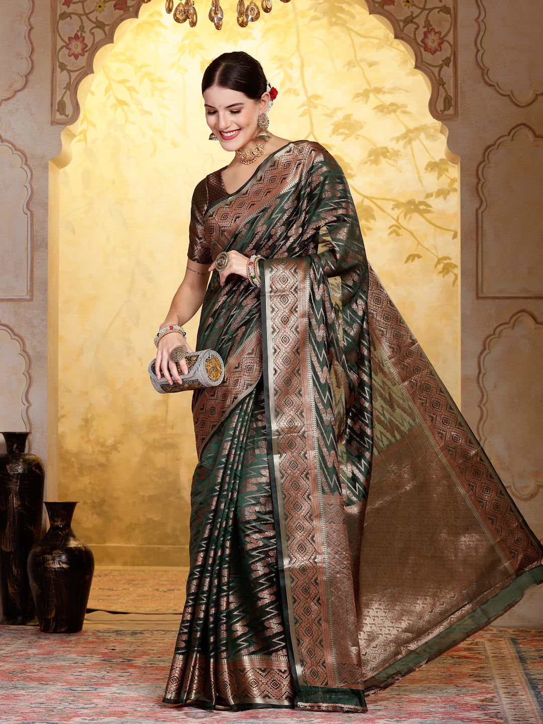 Mehndi Green Geometric Print Woven Zari Border Organza Saree (Pre-Order)
